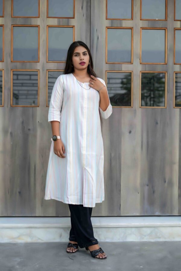 White Multi Color Threadwork Stripe Kurti