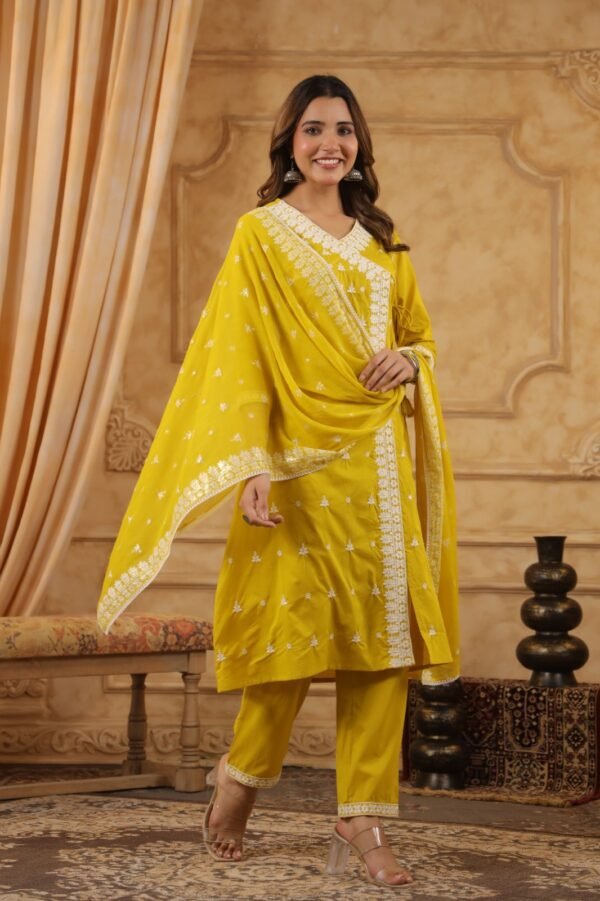 Yellow Angrakha Embroiderd Kurta Set