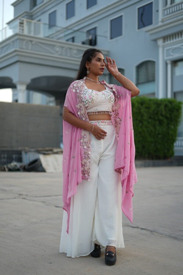 Elegant White Palazzo Set with Embroidered Crop Top & Pink Cape