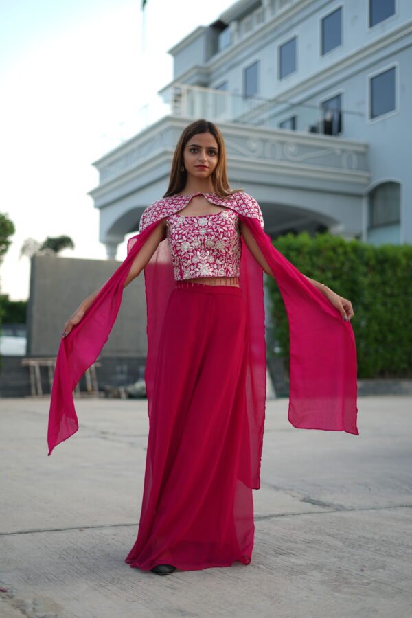 Stylish Red Embroidered Crop Top with Palazzo & Cape