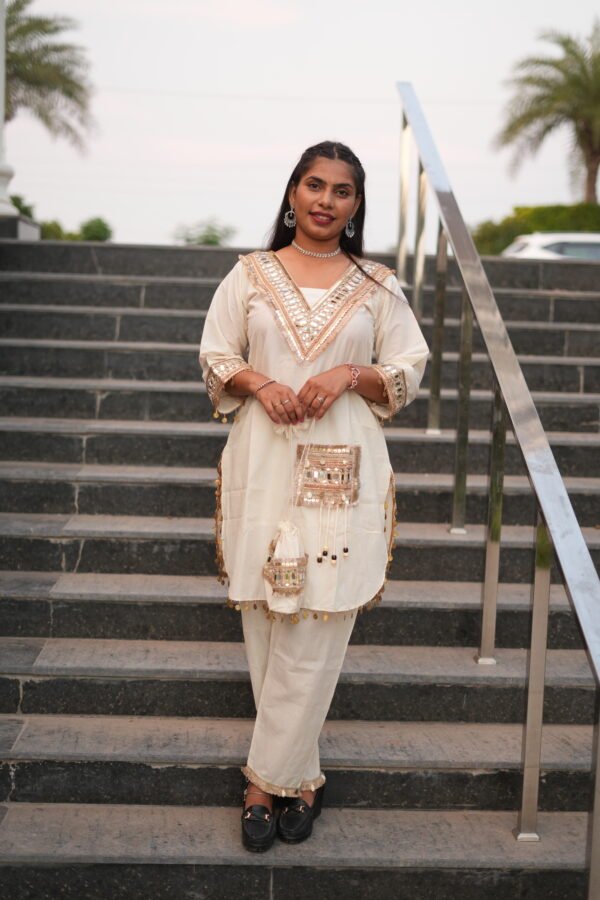 Stylish White Embroidered Coord Set with Pants & Potli Bag