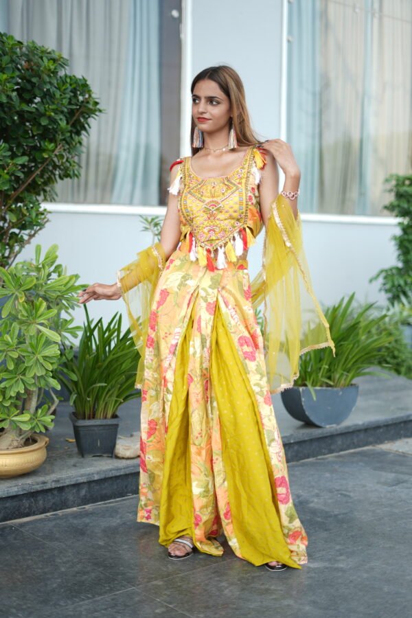 Indo Western Coord Set with Tassel Detailing & Embroidered Crop Top with Dupatta
