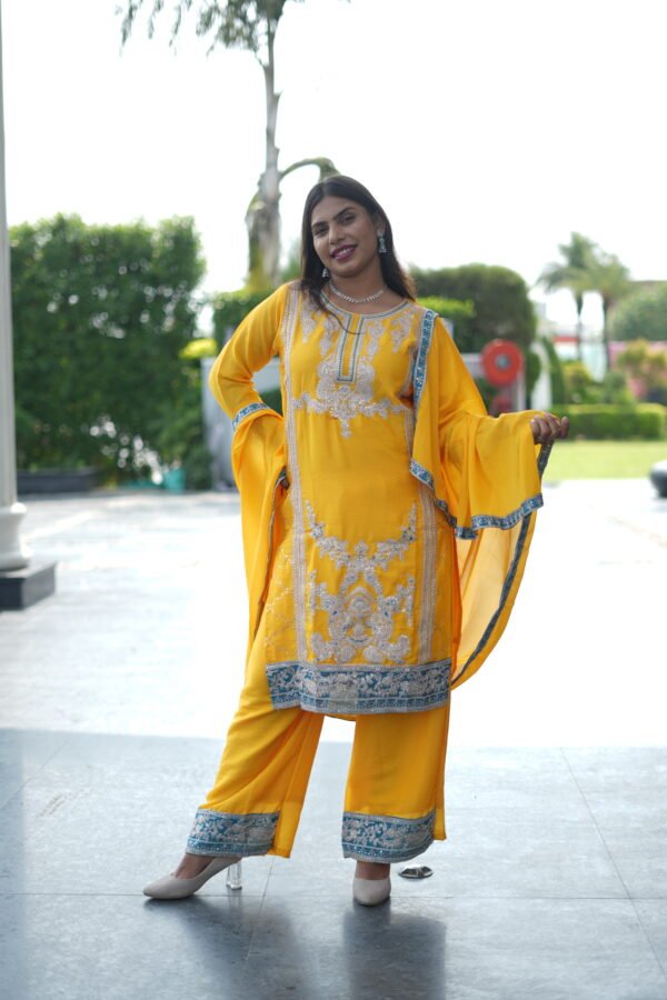 Embroidered Suit with Straight Pants and Dupatta